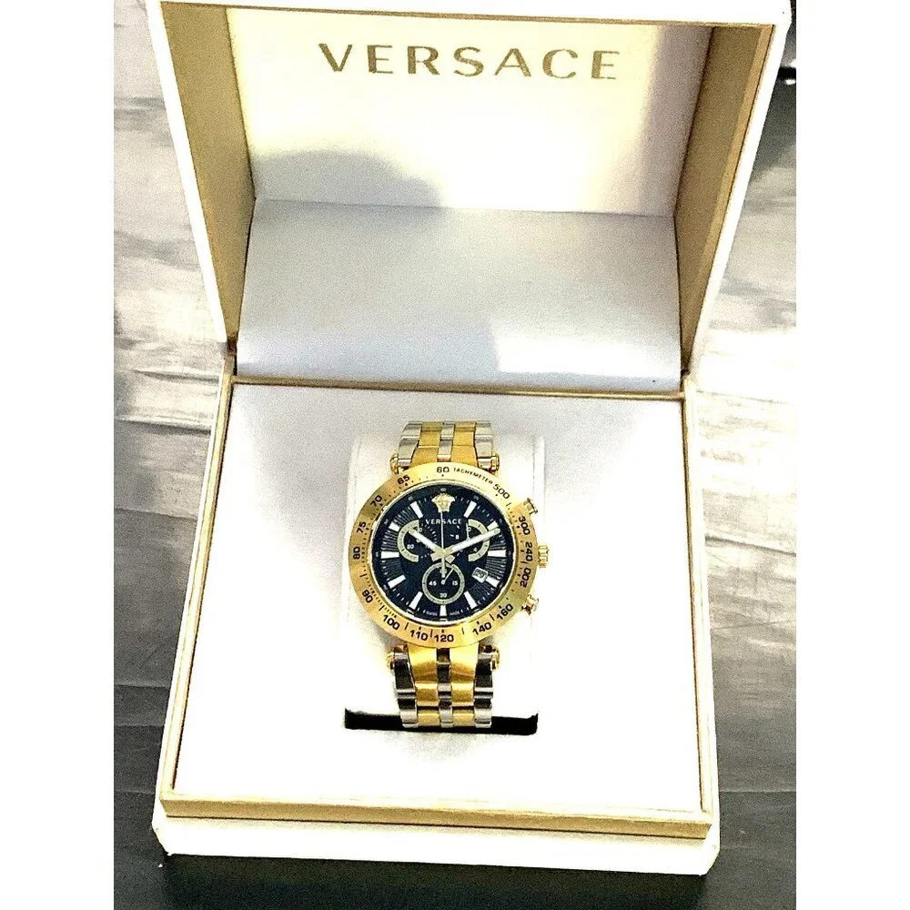 Versace Men's Watch VEJB00622 Swiss Quartz Chronograph Black Dial Two Tone Steel